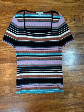 Bar III Striped Ribbed Top in Black, Cream, Brown & Aqua
